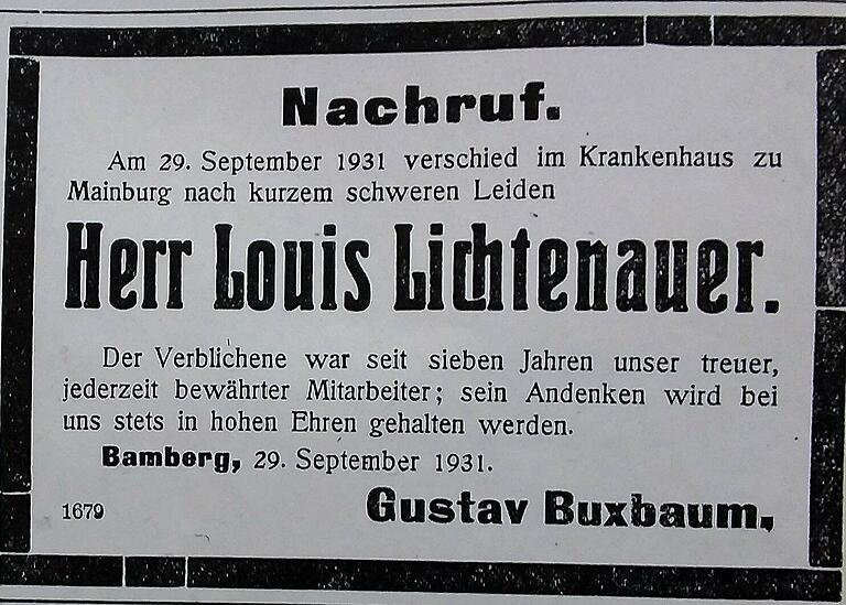 Ein Nachruf auf den am 29. September 1931 verstorbenen Louis Lichtenauer. Ein Nachruf auf den am 29. September 1931 verstorbenen Louis Lichtenauer.