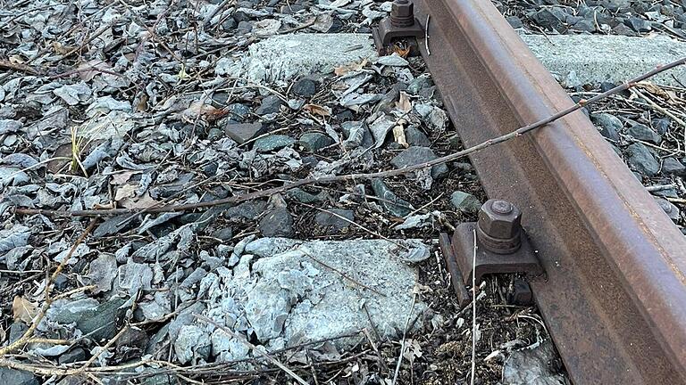 Auf der Trasse der Steigerwaldbahn bei Gerolzhofen hat ein Kettenbagger die Köpfe der Betonschwellen zerstört.