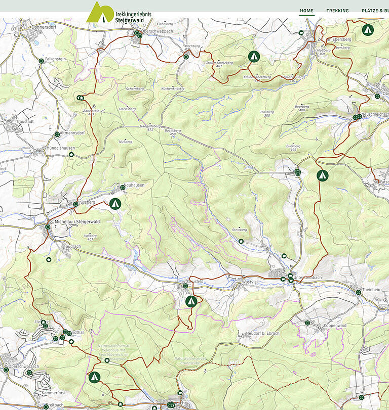 Die Treckingtour im Steigerwald. Vom Nordosten bei Zell bis zum Südwesten bei Oberschwarzach bieten sechs Zeltplätze die Möglichkeit zum Übernachten.