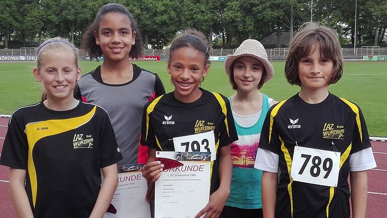 Der Nachwuchs des LAZ Kreis Würzburg holt sich bei den Bezirksmeisterschaften in den Blockwettkämpfen den U 14-Teamsieg: (von links) Nelly Oswald, Sara Ahoefa Weidner, Julie Denkey, Ylva Fiedler und Noah Lehner.