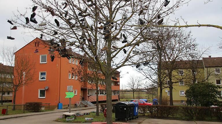 Das Kitzinger Notwohngebiet Egerländer Straße in einer Aufnahme vom Dezember 2017. Schuhe am Baum zieren den Eingangsbereich.