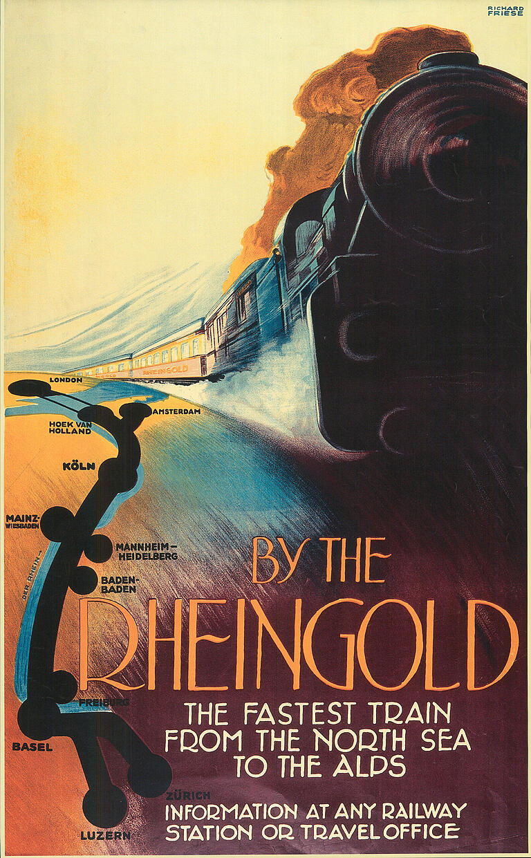 Zur Bewerbung des Rheingold-Zuges auch im Ausland ließ die Reichsbahn zahlreiche Werbemittel gestalten, unter anderem von Richard Friese (Werbeplakat von 1928 in englischer Fassung). Zur Bewerbung des Rheingold-Zuges auch im Ausland ließ die Reichsbahn zahlreiche Werbemittel gestalten, unter anderem von Richard Friese (Werbeplakat von 1928 in englischer Fassung).