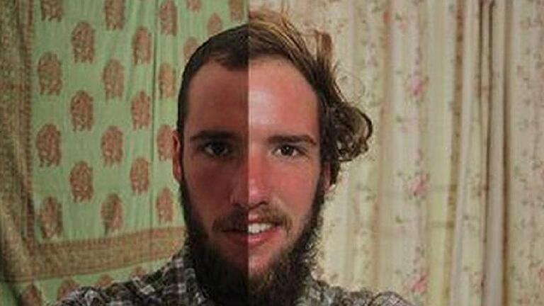 Zu diesem zweigeteilten Bild schreibt Simon Hillenbrand im Internet, es zeige wie chaotisch seine Haare über die Zeit (und auch sein Bart) während der Reise gewachsen seien.