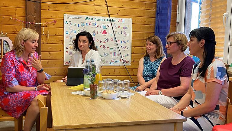 Abgeordnete Nina Warken (links), Dorothee Bär, Claudia Schmitt (Sprachförderkraft St. Venantius), Gudrun Stein (Leiterin Don Bosco), Andrea Kerekjarko (Leiterin St. Venantius) beim Austausch über den geplanten Förderstopp für Sprach-Kitas. Abgeordnete Nina Warken (links), Dorothee Bär, Claudia Schmitt (Sprachförderkraft St. Venantius), Gudrun Stein (Leiterin Don Bosco), Andrea Kerekjarko (Leiterin St. Venantius) beim Austausch über den geplanten Förderstopp für Sprach-Kitas.