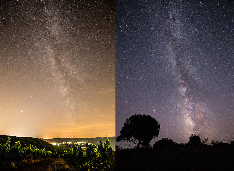 Galaxien im Blick: Der Sternengucker von Thüngersheim       -  Die Lichtverschmutzung in Deutschland ist auf dem linken Bild gut zu sehen: Es zeigt die Milchstraße über dem Maintal in Thüngersheim. Rechts sieht man dasselbe Sternenbild über Kreta.