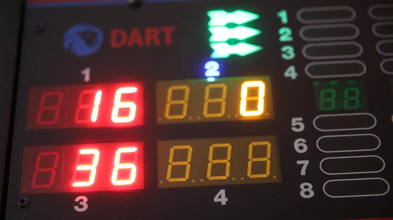 Die nackten Zahlen trügen nicht: Beim Electronic-Dart werden die verbleibenden Punkte sofort angezeigt, nachdem der Pfeil die Scheibe getroffen hat. Die nackten Zahlen trügen nicht: Beim Electronic-Dart werden die verbleibenden Punkte sofort angezeigt, nachdem der Pfeil die Scheibe getroffen hat.