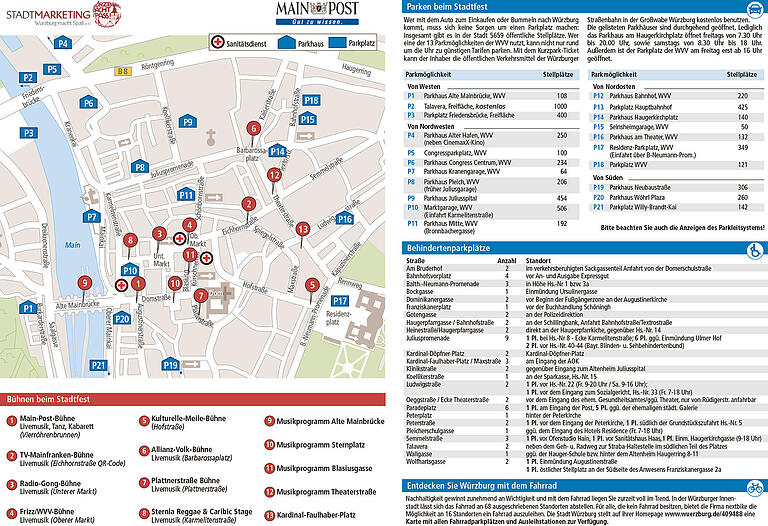 Der Plan der Stadtfest-Bühnen und Parkgelegenheiten. Er ist auch im Stadtfest-Programmheft enthalten, das an vielen Verteilstellen ausliegt. Foto: Grafik Jutta Glöckner