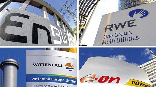 Wohin nach der Energiewende? Logos der vier großen Stromkonzerne EnBW, RWE, Vattenfall und E.ON.DPA