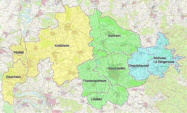 Neun Gemeinden beteiligen sich an der Erstellung eines Bewässerungskonzepts. Der zu beplanende Bereich ist in drei Teilräume (gelb: mainnahe Gemeinden; grün: Zwischenbereich; blau: Steigerwaldvorland) gegliedert, die sich hinsichtlich der Jahresniederschlagsmengen und der Bodenbeschaffenheit unterscheiden.