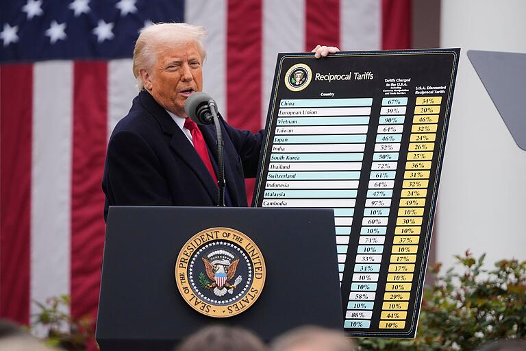 Hat in dieser Woche den internationalen Zollkrieg angefacht: US-Präsident Donald Trump zeigt während einer Veranstaltung zur Ankündigung neuer Zölle im Weißen Haus eine Tafel, die die Länderquoten zeigt. Hat in dieser Woche den internationalen Zollkrieg angefacht: US-Präsident Donald Trump zeigt während einer Veranstaltung zur Ankündigung neuer Zölle im Weißen Haus eine Tafel, die die Länderquoten zeigt. 