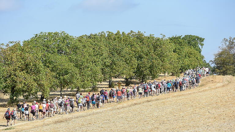 Die Würzburger Kreuzbergwallfahrer an ihrem ersten Tag zwischen Gramschatz und Arnstein. Foto: Thomas Obermeier