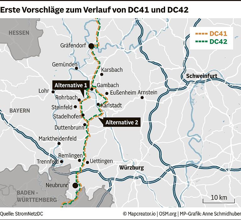 WEB, Erste Vorschläge zum Verlauf von DC41 und DC42, Stromleitung, SuedWestLink, NordWestLink