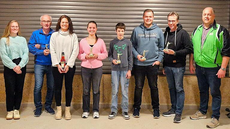 Mit sehr guten Einzelergebnissen wurden die jeweiligen Vereinsmeistertitel in spannenden Einzelwettkämpfen erzielt (von links): Jana Beller (Vereinssportleiterin), Wolfgang Kenner, Andrea Beller, Paulina Sitter, Luis Theobald, Kilian Höfler, Mathias Dörrie, Erster Schützenmeister Axel Höfler (es fehlen Hannah Beller und Alexander Wirtheim).