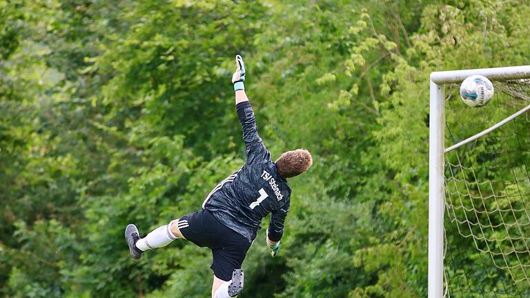 So schön fliegt es sich in der Kreisliga: Dieser Ball fliegt übrigens übers Tor, Glück also für Steinachs Keeper Franz-Xaver Roßhirt. Foto: Sebastian Schmitt       -  So schön fliegt es sich in der Kreisliga: Dieser Ball fliegt übrigens übers Tor, Glück also für Steinachs Keeper Franz-Xaver Roßhirt. Foto: Sebastian Schmitt