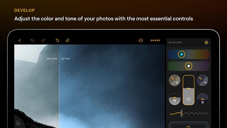 Luminar Mobile App auf einem Tablet       -  Die App bietet präzise Werkzeuge für eine umfassende Bildbearbeitung - auch auf dem Tablet.