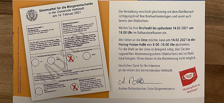 Mit einer Informationsbroschüre wirbt die Gemeinde Hettstadt für das Ratsbegehren. Abgedruckt ist auch ein bereits ausgefüllter Stimmzettel. Damit verstößt die Gemeinde vermutlich gegen das Gebot der Sachlichkeit. Mit einer Informationsbroschüre wirbt die Gemeinde Hettstadt für das Ratsbegehren. Abgedruckt ist auch ein bereits ausgefüllter Stimmzettel. Damit verstößt die Gemeinde vermutlich gegen das Gebot der Sachlichkeit.