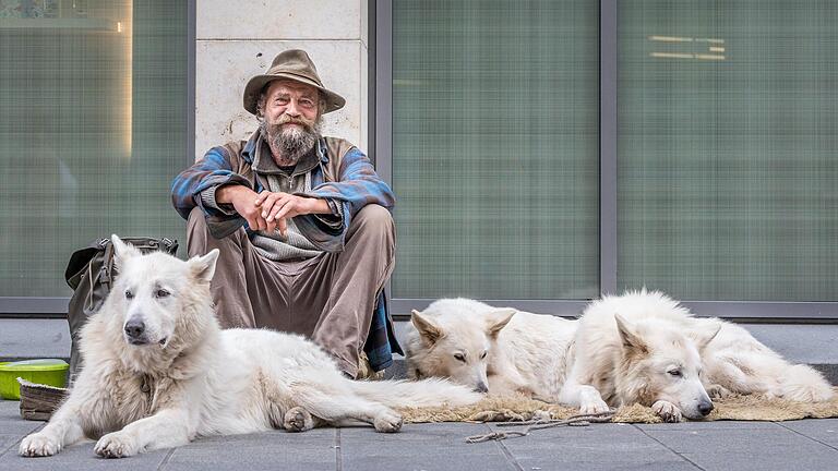 Schäfer Hans und seine drei Hunde Hermann, Frieda und Benny sitzen seit ein paar Tagen in der Würzburger Innenstadt vor dem Zara und ziehen viele Blicke auf sich. Schäfer Hans und seine drei Hunde Hermann, Frieda und Benny sitzen seit ein paar Tagen in der Würzburger Innenstadt vor dem Zara und ziehen viele Blicke auf sich.