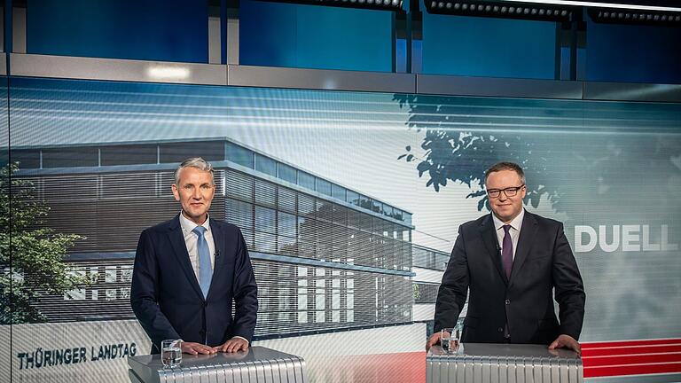 Höcke und Voigt.jpeg       -  Das TV-Duell der Spitzenkandidaten für die Landtagswahl in Thüringen: Björn Höcke (AfD, l.) und Mario Voigt (CDU).