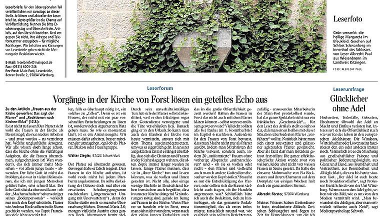 Leserseite 24.August2019       -  Leserstimmen am 24.8.19 zu Maria 2.0 nach den Ereignissen in Forst.