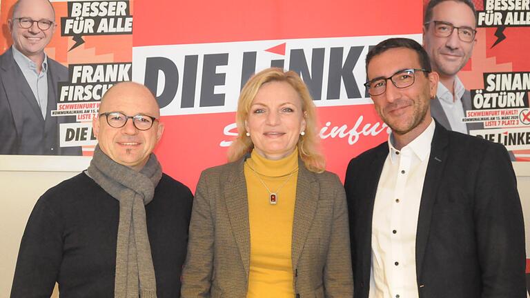 Wen die Linke bei den Oberbürgermeisterwahlen unterstützt, ist seit einem Mitgliederentscheid klar: die SPD-Kandidatin Marietta Eder. Auf dem Bild außerdem Fraktionschef Frank Firsching (links) und der Vorsitzende des Linken-Kreisverbandes, Sinan Öztürk.