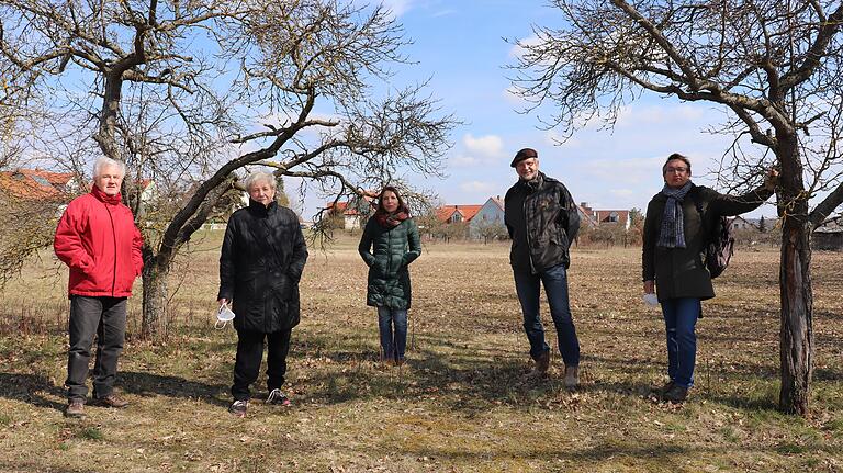 Sie kämpfen für den Erhalt der Wiese: (von links) Elmar Erhard (Landschaftsschutz Mainschleife), Gerda Hartner (Bund Naturschutz), Doris Geiger, Mario Pierl  (beide Grüne Volkach) und Michael Zwanziger (Bund Naturschutz).