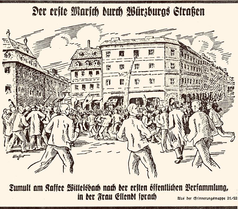 Eine handgreifliche Auseinandersetzung zwischen Gegnern und Anhängern Andrea Ellendts fand am 17. Dezember 1922 nach ihrer Rede in Würzburg auf dem Barbarossaplatz statt. Die NSDAP stilisierte das Ereignis später zur 'ersten Würzburger Straßenschlacht' hoch.