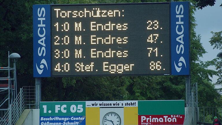 So sieht sie aus, wenn sie funktioniert: Die Anzeigentafel im Sachs-Stadion, allerdings auf einem Foto aus dem Jahr 2004, als der FC 05 die Reserve des TV Jahn Regensburg mit 4:0 geschlagen hat.