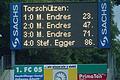 So sieht sie aus, wenn sie funktioniert: Die Anzeigentafel im Sachs-Stadion, allerdings auf einem Foto aus dem Jahr 2004, als der FC 05 die Reserve des TV Jahn Regensburg mit 4:0 geschlagen hat.