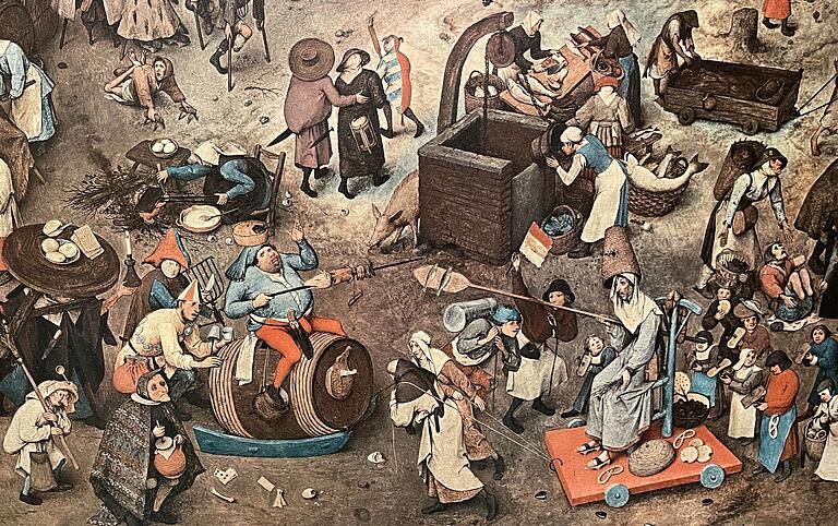 Den 'Kampf zwischen Fastnacht und Fasten' zeigt ein Gemälde Pieter Bruegels d.Ä. von 1539 (Ausschnitt). In der Ausstellung ist eine Reproduktion zu sehen.