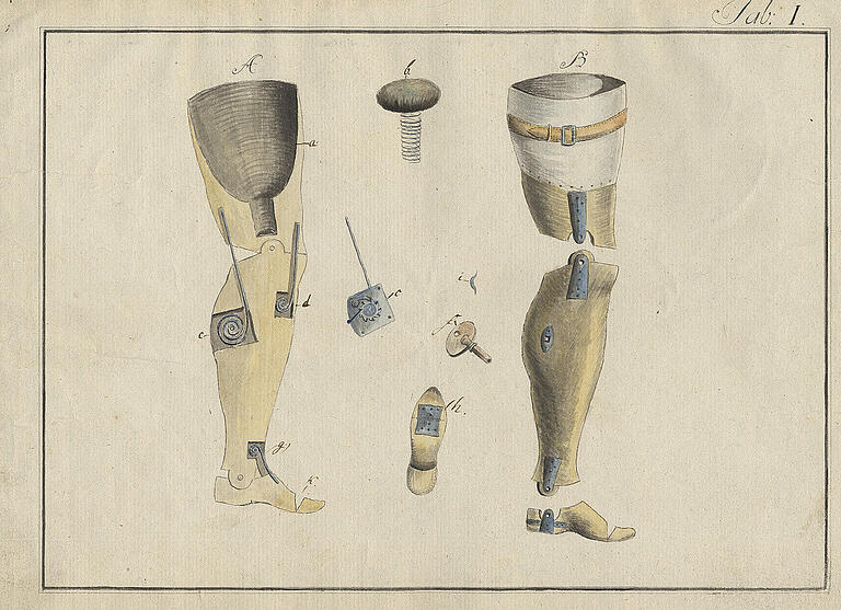 Albrecht Ludwig Berblingers 'Künstliche Fußmaschine': Bleistift und Aquarell auf Papier von 1809.