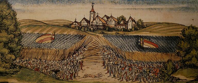 Die Schlacht von Bergtheim 1400 (Illustration aus der Fries-Chronik). Die Schlacht von Bergtheim 1400 (Illustration aus der Fries-Chronik).