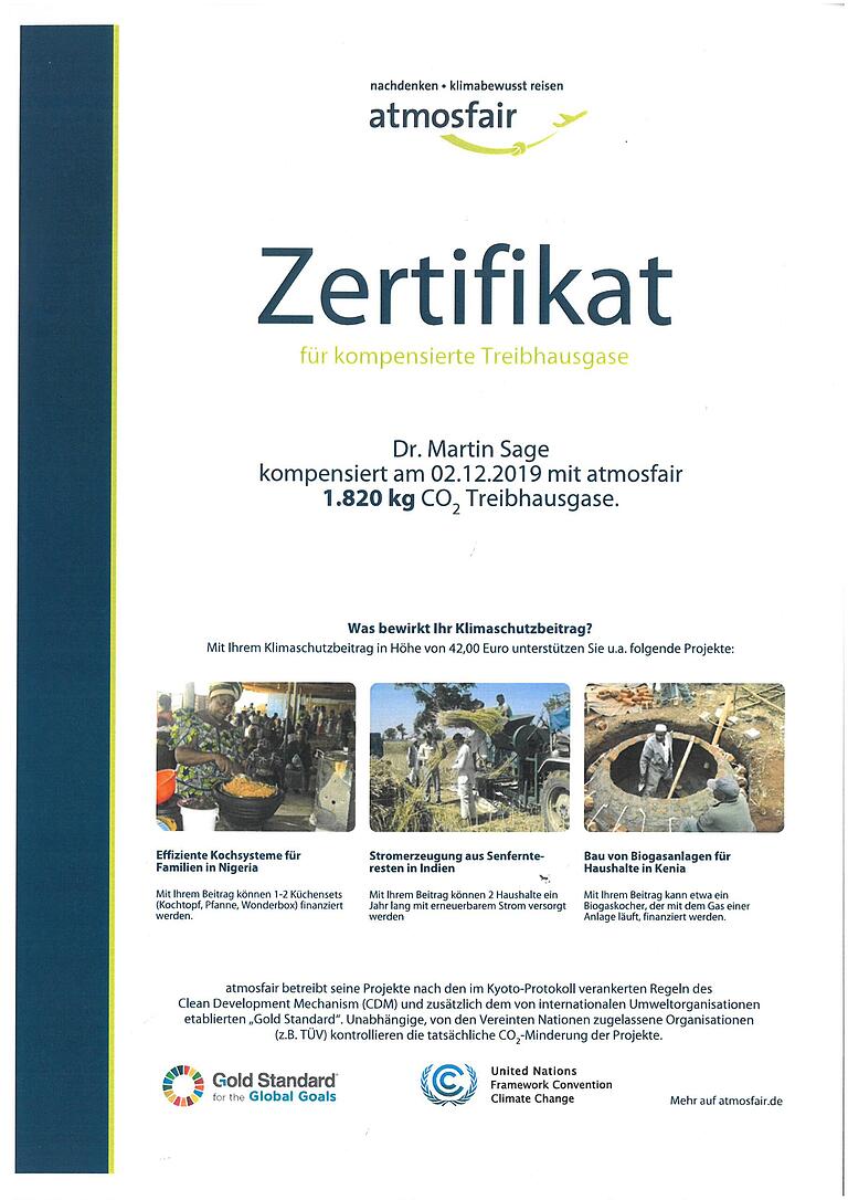 Beweisstück Nummer Zwei: Auch mein Rückflug ist kompensiert, diesmal von Atmosfair. Dass je nach Anbieter die Berechnungen für den CO2-Ausstoß und damit für meine Zahlungen abweichen, ist mir egal.