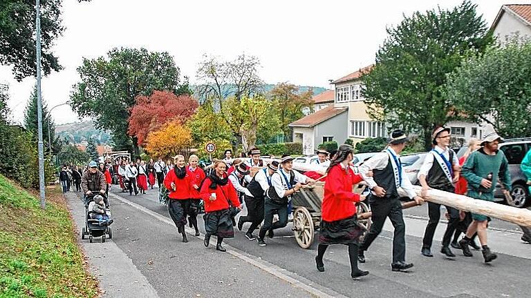 Die Burgläurer Kirmesburschen mussten sich schön kräftig ins Zeug legen, um den Kirmesbaam hoch zur REHA-Halle zu ziehen.. Mellenthin