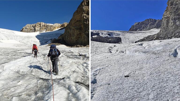 In den Jahren 2013 (links) und 2022 führte die Sektionstour der DAV-Sektion Main-Spessart auf den Wildstrubel im Schweizer Kanton Wallis. Er ist eine vergletscherte Gebirgsgruppe der Berner Alpen. Die beiden Fotos wurden vom gleichen Standpunkt aus aufgenommen und zeigen eindrucksvoll, wie das Gletschereis zurückgeht.