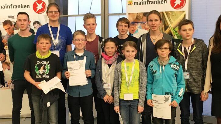 Mit acht Projekten bei Jugend forscht wurde das Johann-Philipp-von-Schönborn-Gymnasium in Münnerstadt als Schule mit besonderem Engagement ausgezeichnet. Im Bild (hintere Reihe von links) Schulleiter Joachim Schwigon, Niklas Volk (Sieger Physik), Teresa Borst, Moritz Stahl (beide 3. Plätze), Markus Scheuring, Elias Stahl, Jan Matejsek (Sieger Biologie) und Betreuungslehrerin Petra Bieber. Vordere Reihe von links: Frederik Dürr, Linus Ziegler (beide zweiter Preis), Pauline Schnidtmann, Antonia Wolf und Thorben Ossig (alle drei Sonderpreis).FOTO: Johann-Philipp-von-Schönborn-Gymnasium