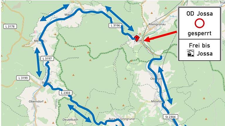 Die 40 Kilometer lange Umleitung führt über Marjoß, Mernes, Burgjoß, Aura, Burgsinn, Mittelsinn und Obersinn.          Grafik: Hessen Mobil       -  Die 40 Kilometer lange Umleitung führt über Marjoß, Mernes, Burgjoß, Aura, Burgsinn, Mittelsinn und Obersinn.          Grafik: Hessen Mobil