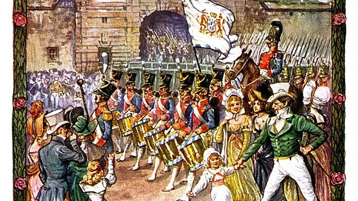 Bayerische Truppen ziehen 1814 am Zeller Tor in Würzburg ein. Bild: Sammlung Willi Dürrnagel.