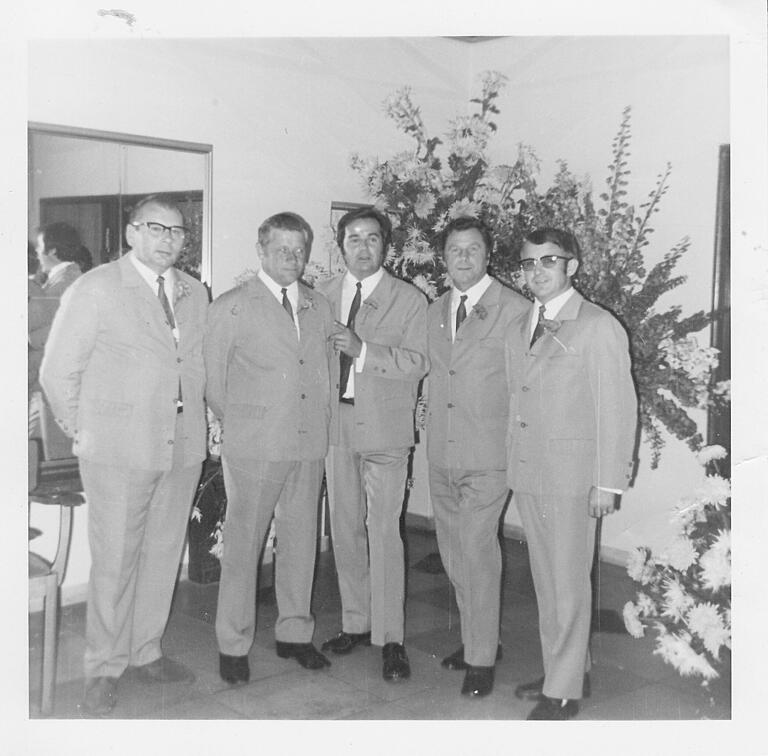 Das Lommel-Quintett beim Silvesterball 1972 in der Stadthalle Schweinfurt: in der Besetzung Oskar Bonengel, Erwin Lommel, Manfred Feber, Josef Hafner und Erwin Bandorf.