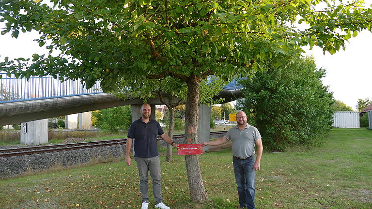 Wer möchte, darf sich in Oberstreu an Bäumen, die diese Banderole tragen, bedienen und nach Herzenslust Äpfel ernten.&nbsp;Das Bild zeigt Bürgermeister Stefan Kießner (links) zusammen mit 2. Bürgermeister Bernd Beck