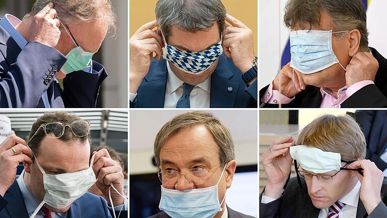 Sechs Politiker beim Tragen oder An- und Abziehen eines Mundschutzes. Von oben links nach unten rechts: Stephan Weil (SPD), Ministerpräsident Niedersachsen, Markus Söder (CSU), Ministerpräsident Bayern, Werner Kogler, Vizepräsident von Österreich, Bundesgesundheitsminister Jens Spahn (CDU), Armin Laschet (CDU), Ministerpräsident Nordrhein-Westfalen, und Daniel Günther (CDU), Ministerpräsident Schleswig-Holstein. Sechs Politiker beim Tragen oder An- und Abziehen eines Mundschutzes. Von oben links nach unten rechts: Stephan Weil (SPD), Ministerpräsident Niedersachsen, Markus Söder (CSU), Ministerpräsident Bayern, Werner Kogler, Vizepräsident von Österreich, Bundesgesundheitsminister Jens Spahn (CDU), Armin Laschet (CDU), Ministerpräsident Nordrhein-Westfalen, und Daniel Günther (CDU), Ministerpräsident Schleswig-Holstein.
