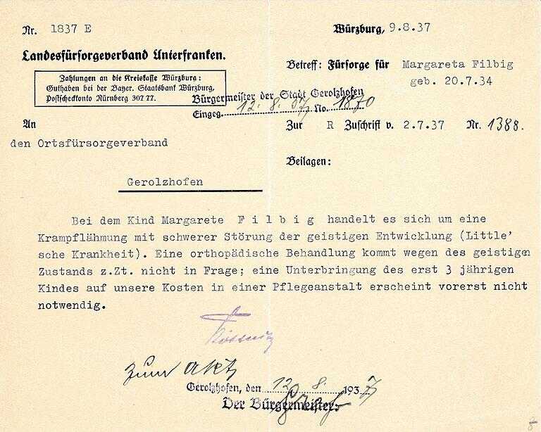 Das im September 1937 erstellte Schreiben aus dem Stadtarchiv Gerolzhofen betrifft das unter einer Behinderung leidende Mädchen Margareta Filbig. Das im September 1937 erstellte Schreiben aus dem Stadtarchiv Gerolzhofen betrifft das unter einer Behinderung leidende Mädchen Margareta Filbig.