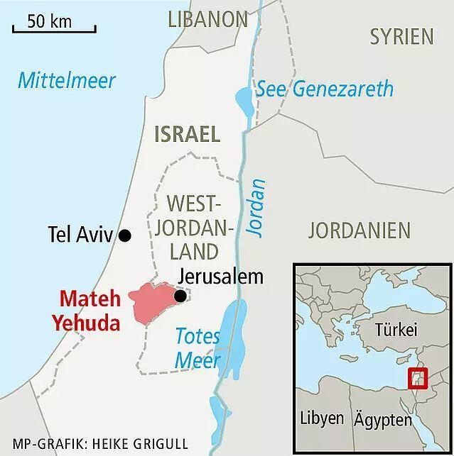 Der Würzburger Partnerlandkreis Mateh Yehuda in Israel. Der Gazastreifen ist links gestrichelt eingezeichnet. Das Dorf Netiv Haasara befindet sich an der nördlichen Grenze zum Gazastreifen.