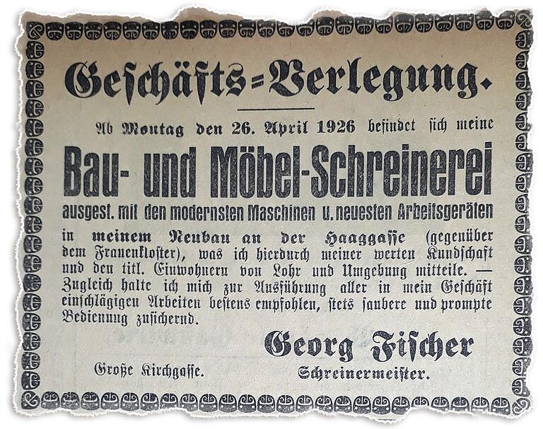 1926 verlegte Schreinermeister Fischer seinen Betrieb an die Haaggasse. 1926 verlegte Schreinermeister Fischer seinen Betrieb an die Haaggasse.