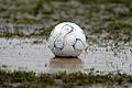 Pfützen auf dem Spielfeld: Der starke Regen hat auch auf dem Hauptspielfeld des Schweinfurter Sachs-Stadions Spuren hinterlassen.