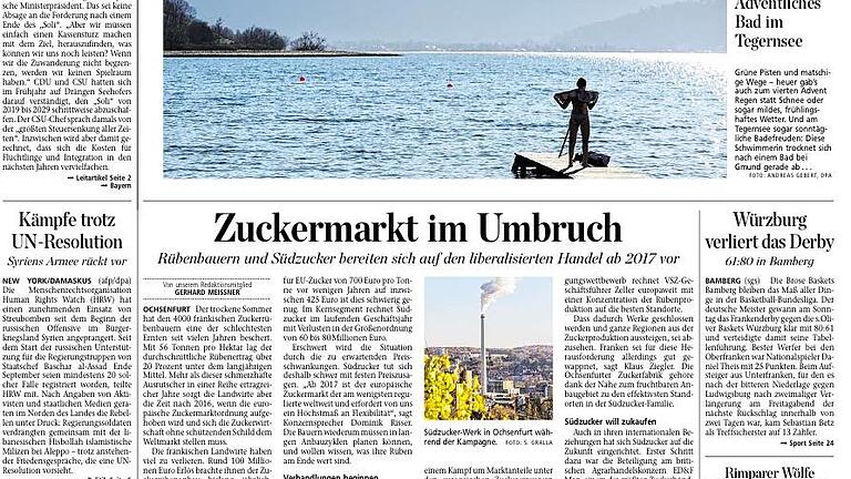 Main-Post Titelseite vom 21.12.15       -  Es kann auf dem Titel einer Tageszeitung auch ein Sachthema sein. Nicht immer muss ganz vorne eine Schlagzeile Sensationen in sich tragen.