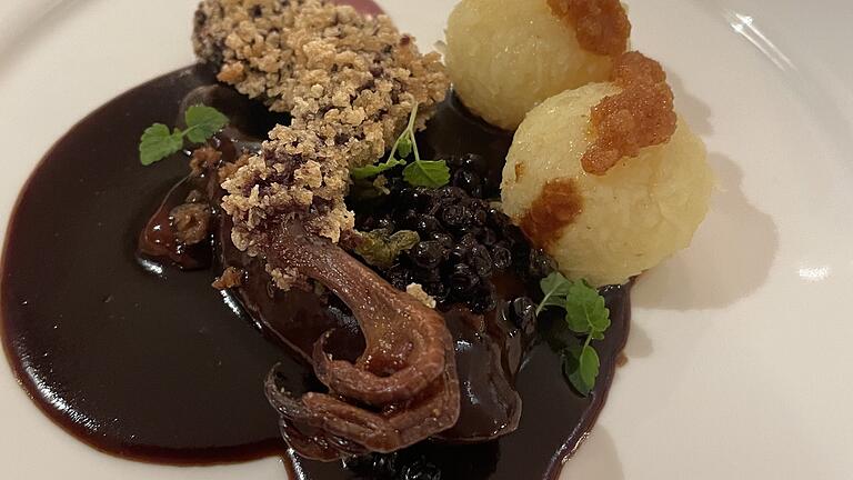 Sauerbraten von der Taubenbrust mit schwarzem Knoblauch und Zitronenmelisse sowie Taubenkeule. Sauerbraten von der Taubenbrust mit schwarzem Knoblauch und Zitronenmelisse sowie Taubenkeule.