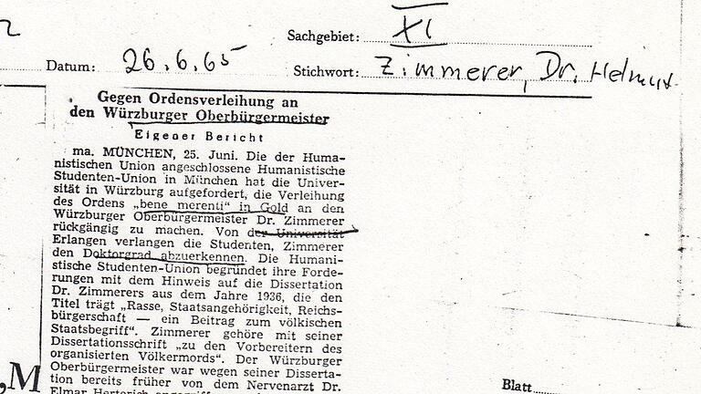 26. Juni 1965, Frankfurter Allgemeine Zeitung: Gegen Ordensverleihung an den Würzburger Oberbürgermeister