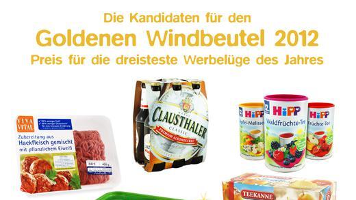 Goldener Windbeutel 2012       -  Über diese Preisnominierung freut sich kein Lebensmittelhersteller: Die Verbraucherschutzorganisation Foodwatch hat die Kandidaten für den Negativpreis 'Goldener Windbeutel 2012' gekürt. Ihre Werbung soll besonders irreführend sein. Doch womit führen Clausthaler, Hipp, Teekanne, Becel und der Netto-Eigenmarke Viva Vital die Verbraucher hinters Licht?