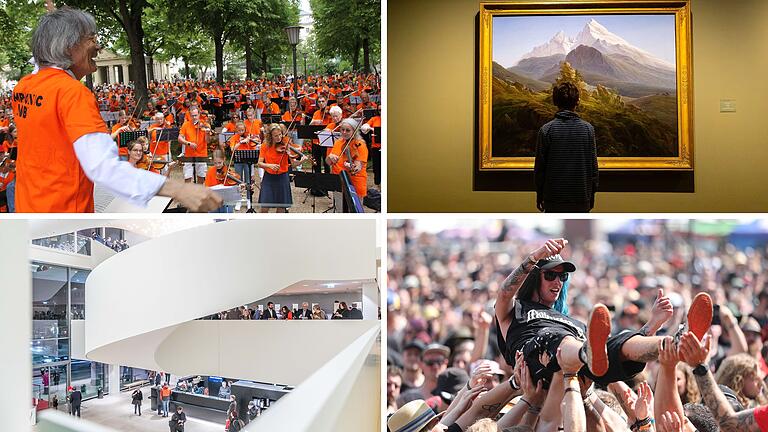 Bilder eines bunten Kulturjahrs (v. li. oben im Uhrzeigersinn): Symphonic Mob mit Kent Nagano beim Kissinger Sommer, Caspar David Friedrich in Schweinfurt, Eröffnung des Kleinen Hauses des Würzburger Mainfranken Theaters, Summer Breeze Open Air in Dinkelsbühl.