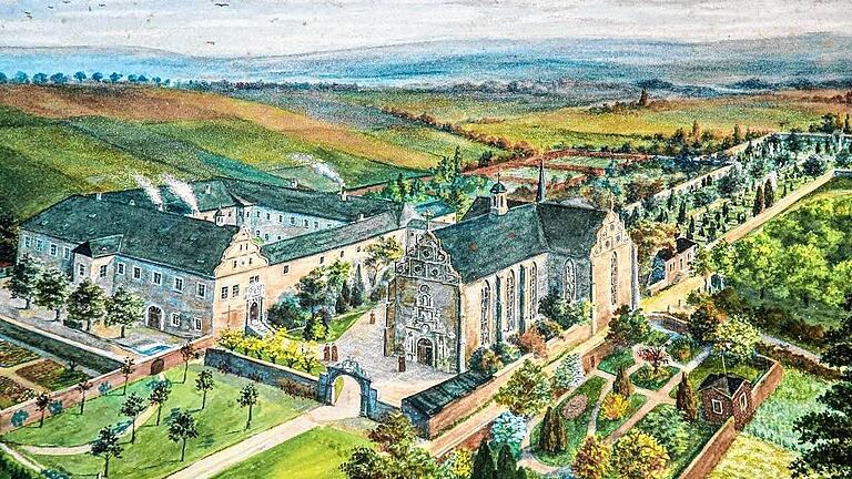 Das Dettelbacher Franziskanerkloster, wie es der Maler Otto Görner im zweiten Drittel des 19. Jahrhunderts als Aquarell malte. Das Bild entstammt dem Buch 'Maria hilf, es ist Zeit', das der Dettelbacher Verlag Josef Röll anlässlich des 500-jährigen Jubiläums der Dettelbacher Wallfahrt herausgegeben hat.